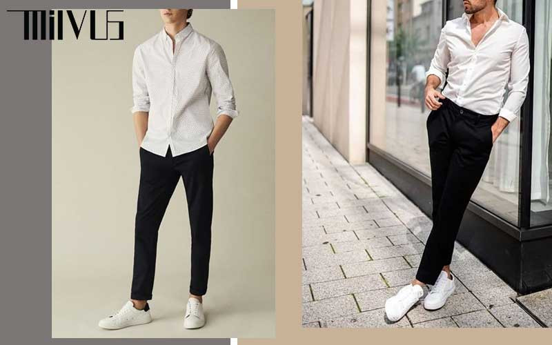Thoải mái di chuyển và vẻ ngoài năng động khi phối sơ mi đen quần tây đen với giày sneakers đen
