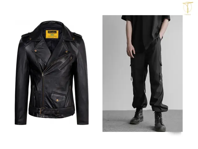 1. Áo da Biker nam mix quần túi hộp + áo thun bên trong
