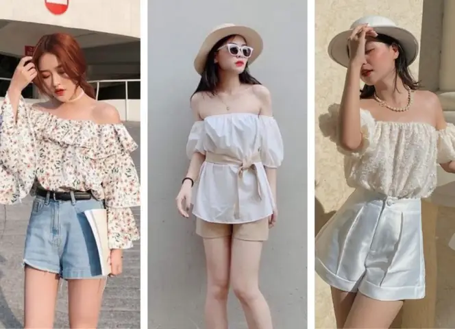 Áo Trễ Vai Phối Với Quần Short Cạp Cao