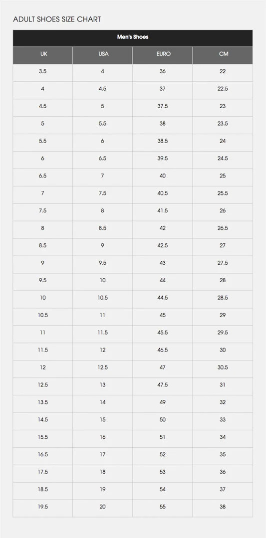 Bảng chuyển đổi size giày New Balance nam theo các hệ thống đo lường khác nhau