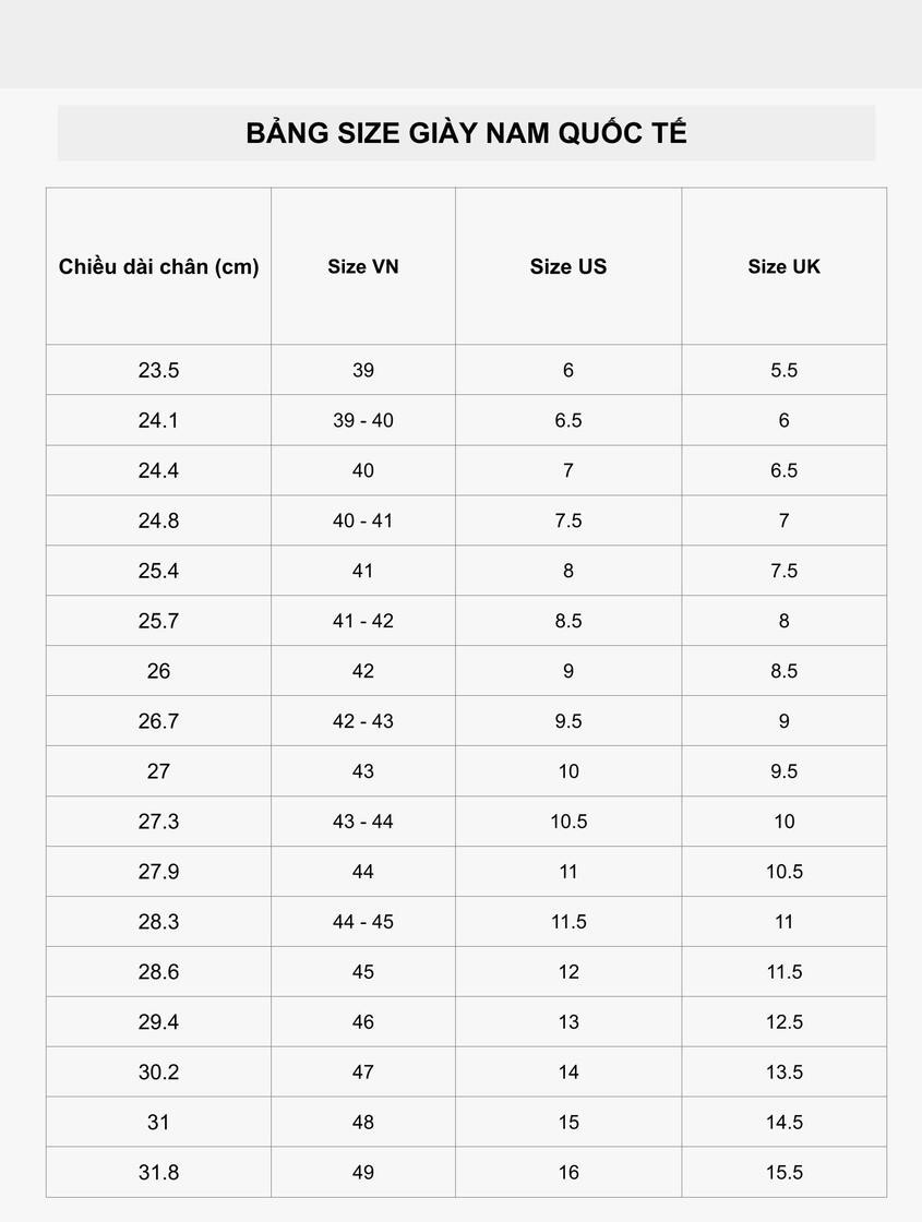 Bảng size giày nam quốc tế