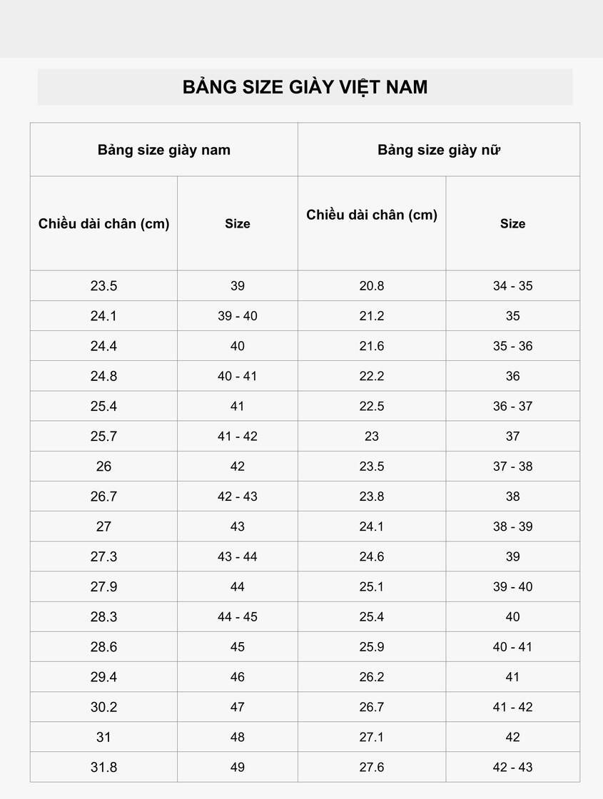 Bảng size giày quốc tế cho người Việt