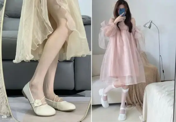 1. Phối giày búp bê cùng với váy nơ nữ tính 1. Phối giày búp bê cùng với váy nơ nữ tính