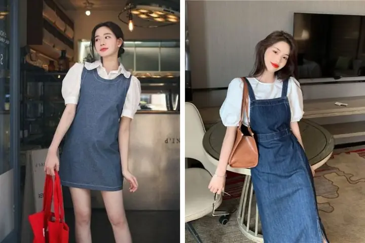 10. Áo Thun Form Rộng + Váy Yếm Jeans