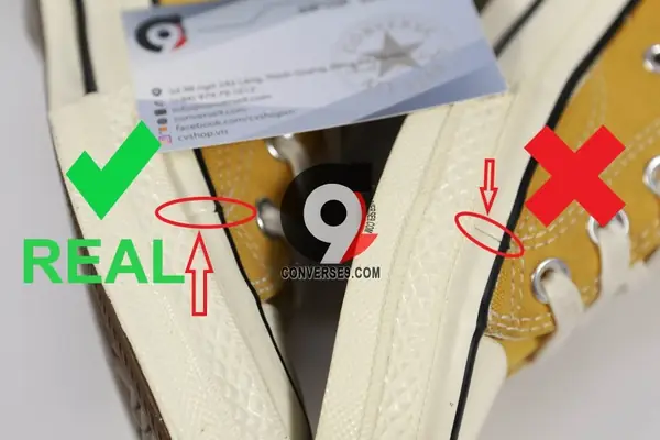 2- Phân biệt giày Converse 1970s chính hãng và fake băng điểm ghép nối viền cao su thân giày. 2- Phân biệt giày Converse 1970s chính hãng và fake băng điểm ghép nối viền cao su thân giày.