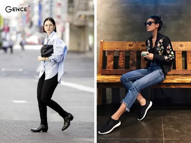 Mix giày thể thao đen nữ với quần jean và áo sơ mi