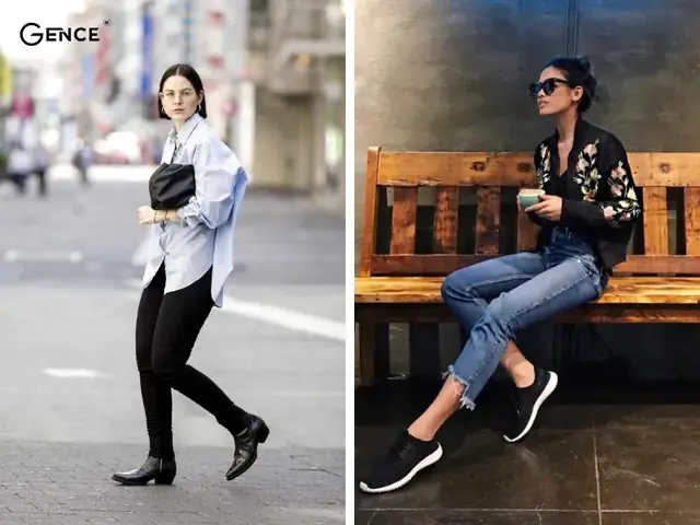 Mix giày thể thao đen nữ với quần jean và áo sơ mi