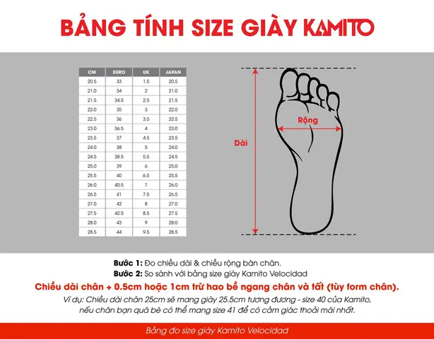 4/ Bảng Size Giày Đá Bóng Sân Cỏ Nhân Tạo Kamito Velocidad Pro Tf Fire Back