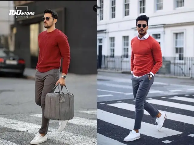 Áo Màu Đỏ Kết Hợp Quần Xám