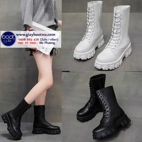Giày Boot Nữ Chiến Bình Đế Cao Cột Dây Cá Tính Gbn9901