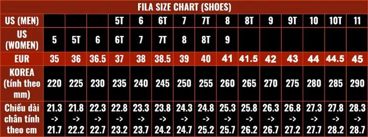 I. Bảng size giày Fila Hàn Quốc