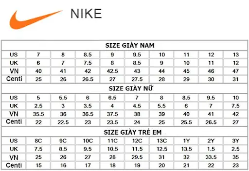 Giày Nike size 8.5 là bao nhiêu? Quy đổi sang size Việt Nam