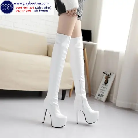 Boot Đùi Cao 15cm Màu Trắng Gót Nhọn Thời Thượng Gcc2602 Boot Đùi Cao 15cm Màu Trắng Gót Nhọn Thời Thượng Gcc2602
