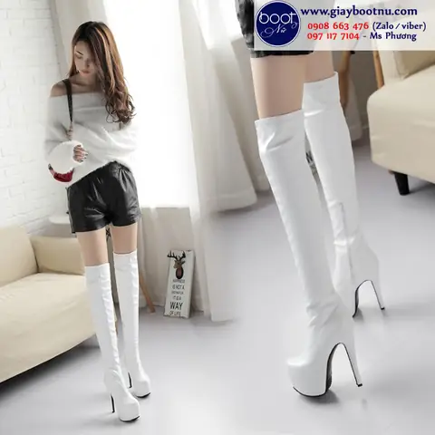Boot Đùi Cao 15cm Màu Trắng Gót Nhọn Thời Thượng Gcc2602