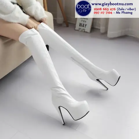 Boot Đùi Cao 15cm Màu Trắng Gót Nhọn Thời Thượng Gcc2602 Boot Đùi Cao 15cm Màu Trắng Gót Nhọn Thời Thượng Gcc2602