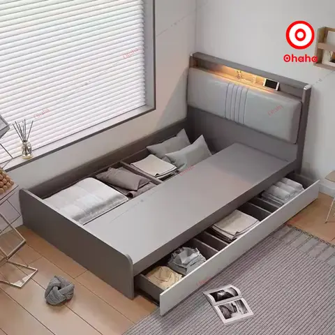 GIƯỜNG NGỦ GỖ CÔNG NGHIỆP BỌC NỆM OHAHA kèm đèn LED - GN031: TINH TẾ VÀ TIỆN DỤNG
