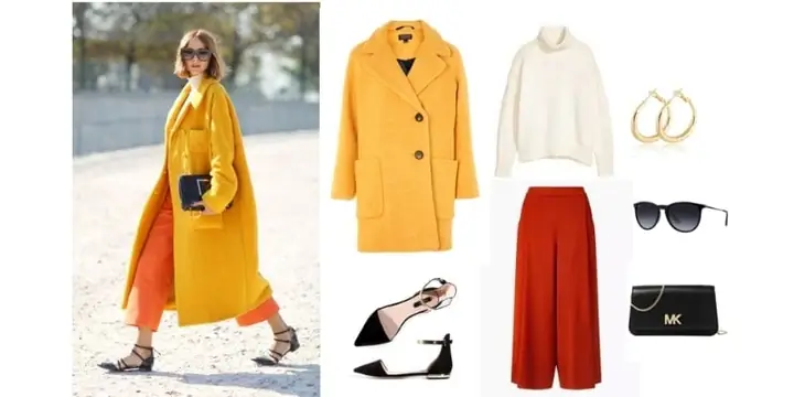 Áo Dạ Vàng + Quần Culottes Ống Rộng Màu Da Cam