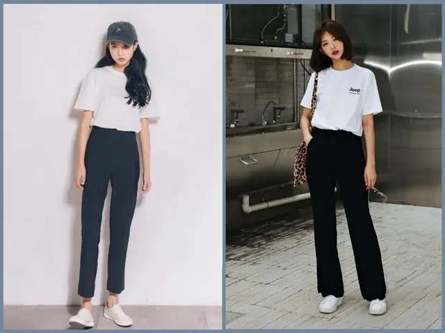 Style quần tây ống đứng với áo thun nữ