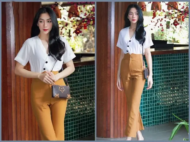 Quần tây kết hợp với áo thun nữ cổ tim