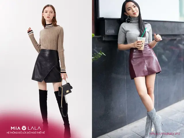 Chân váy da + áo cổ lọ Chân váy da + áo cổ lọ