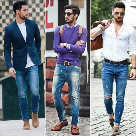 Quần jean xanh nam phối giày cao cổ Quần jean xanh nam phối giày cao cổ