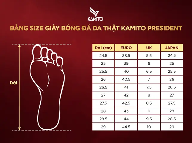 4/ BẢNG SIZE GIÀY ĐÁ BÓNG SÂN CỎ NHÂN TẠO DA THẬT KAMITO PRESIDENT