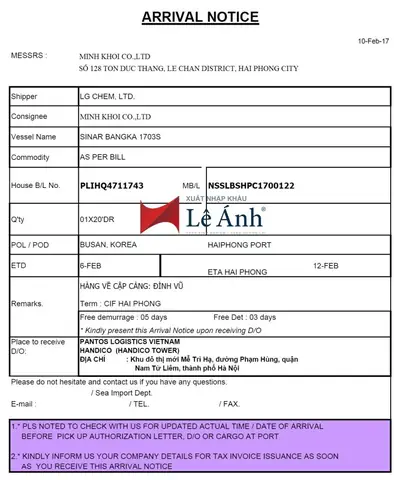 Mẫu Arrival Notice
