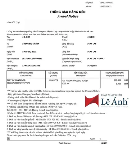 Mẫu Arrival Notice